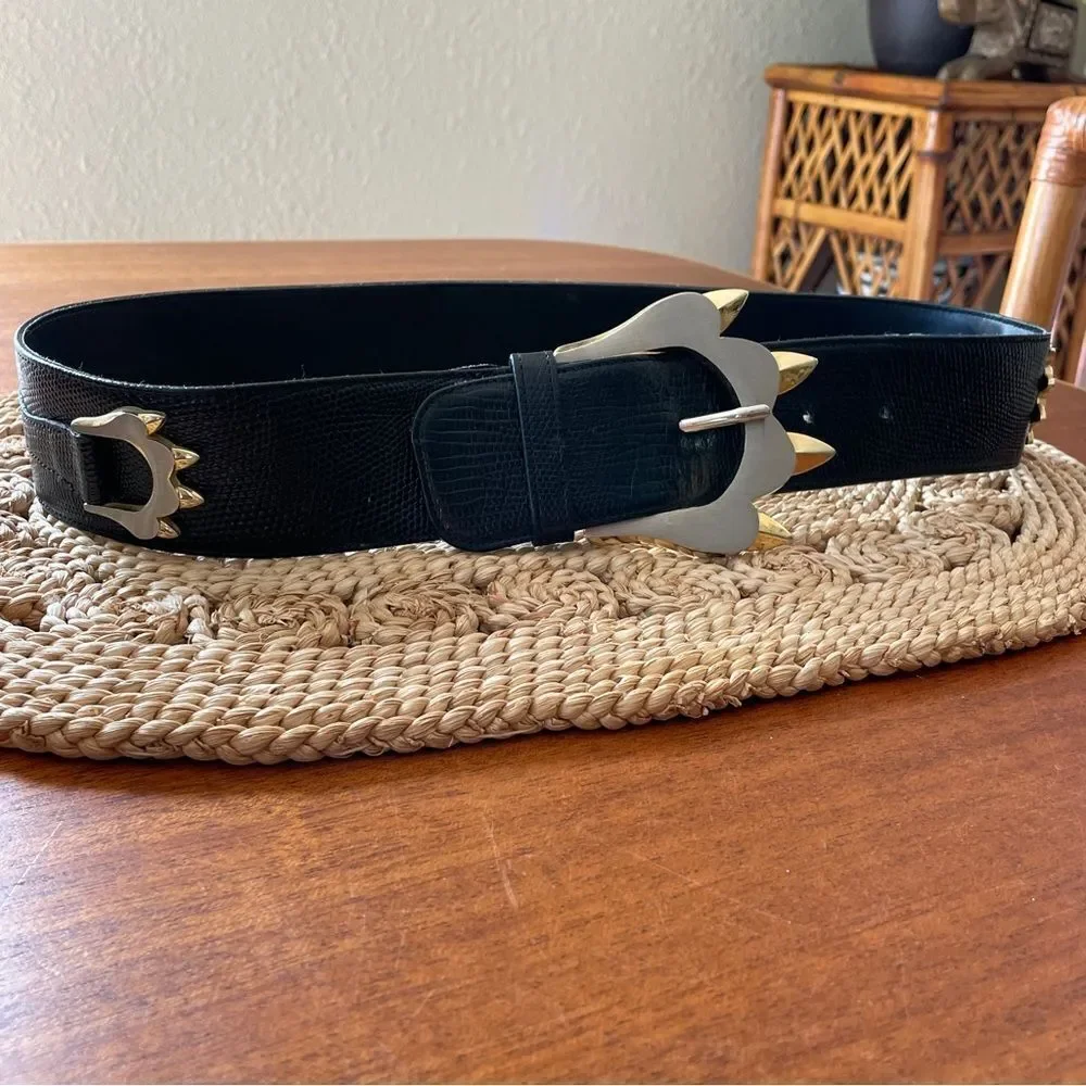 Bon Soir Made In France Belt Black with Large Silver and Gold Claw Buckle Large